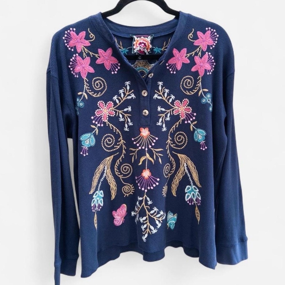 Johnny Was Sisa Navy Floral Embroidered Thermal Waffle Knit Henley Top, XL